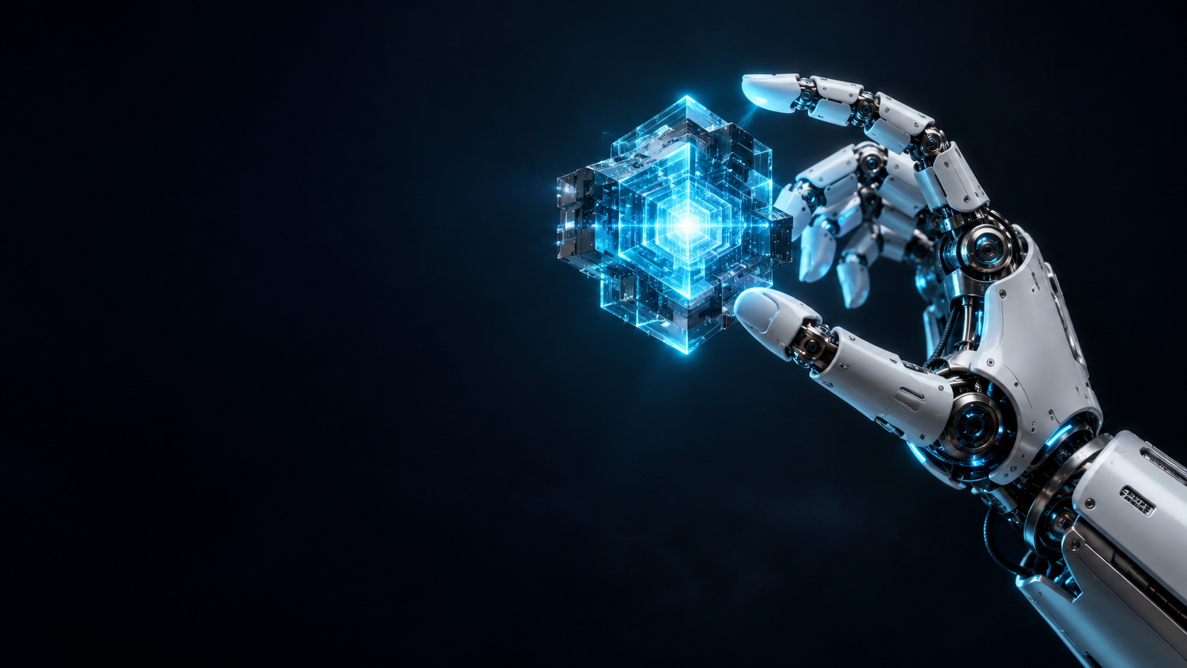 Robotic hand interacting with a luminous digital core